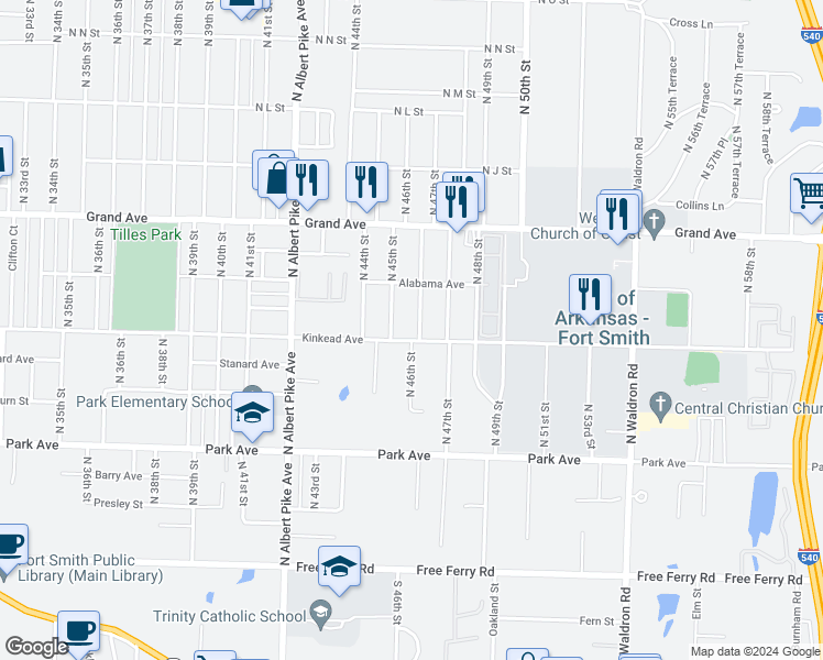 map of restaurants, bars, coffee shops, grocery stores, and more near 4501 Kinkead Avenue in Fort Smith