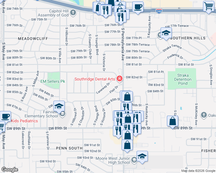 map of restaurants, bars, coffee shops, grocery stores, and more near 2129 Flair Drive in Oklahoma City