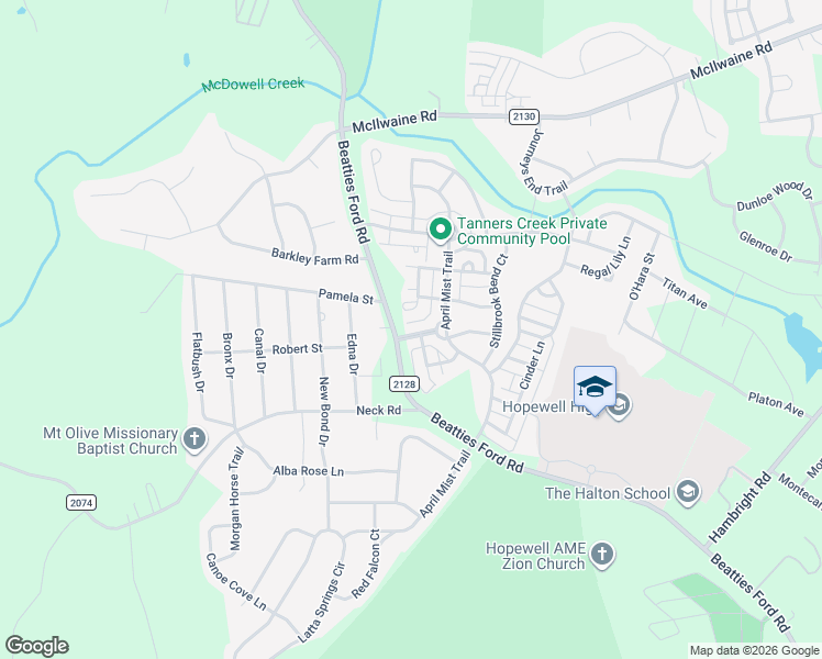 map of restaurants, bars, coffee shops, grocery stores, and more near 12233 Beatties Ford Road in Huntersville