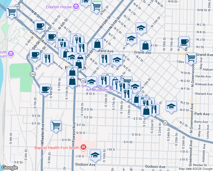 map of restaurants, bars, coffee shops, grocery stores, and more near 1521 Rogers Avenue in Fort Smith
