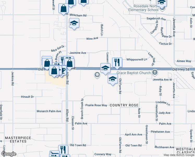map of restaurants, bars, coffee shops, grocery stores, and more near 12463 Rosedale Highway in Bakersfield