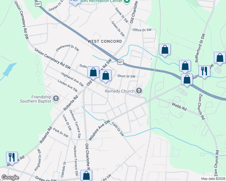 map of restaurants, bars, coffee shops, grocery stores, and more near 483 Splicewood Drive Southwest in Concord