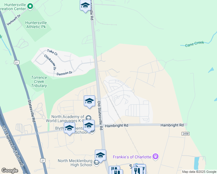 map of restaurants, bars, coffee shops, grocery stores, and more near 11830 Old Statesville Road in Huntersville