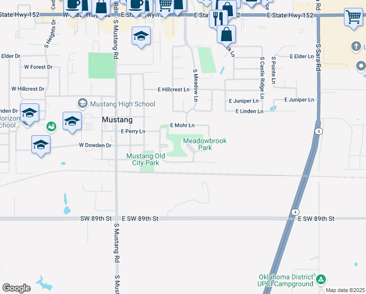 map of restaurants, bars, coffee shops, grocery stores, and more near 410 East Meadow Lane Court in Mustang