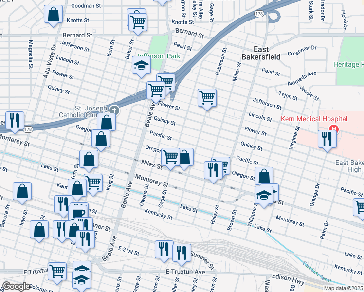 map of restaurants, bars, coffee shops, grocery stores, and more near 2 Pacific Street in Bakersfield