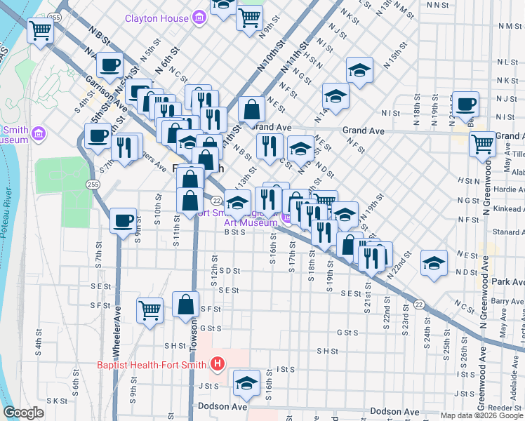 map of restaurants, bars, coffee shops, grocery stores, and more near 1411 Rogers Avenue in Fort Smith
