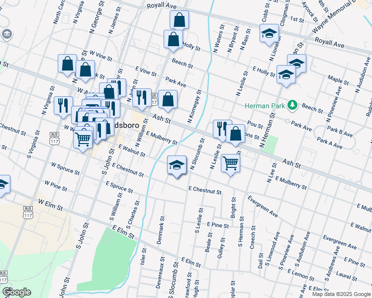 map of restaurants, bars, coffee shops, grocery stores, and more near 506 East Mulberry Street in Goldsboro