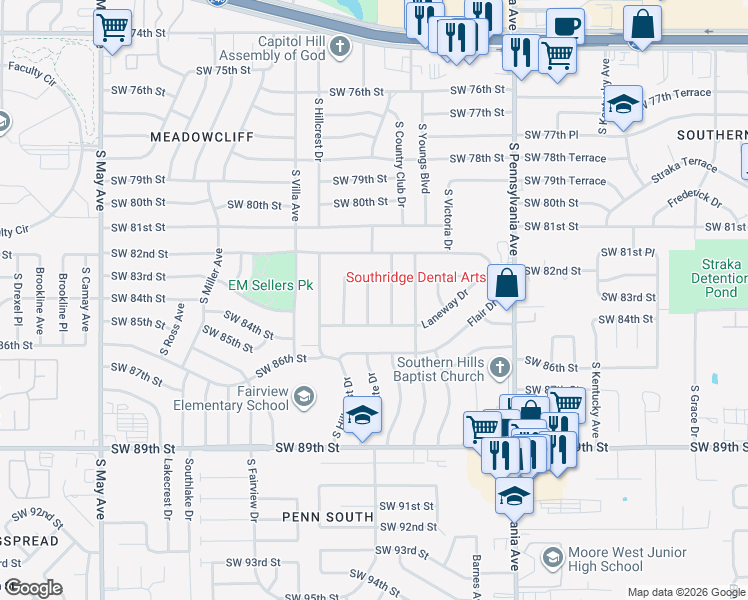 map of restaurants, bars, coffee shops, grocery stores, and more near 8500 South Charlotte Drive in Oklahoma City