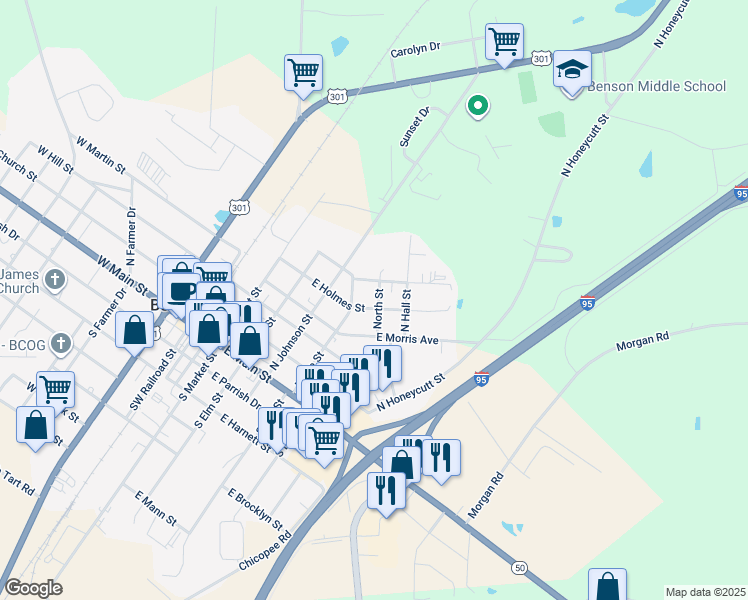 map of restaurants, bars, coffee shops, grocery stores, and more near 407 East Holmes Street in Benson