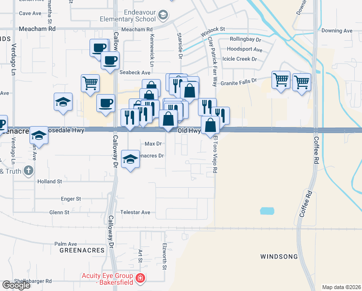 map of restaurants, bars, coffee shops, grocery stores, and more near 9131 Rosedale Highway in Bakersfield