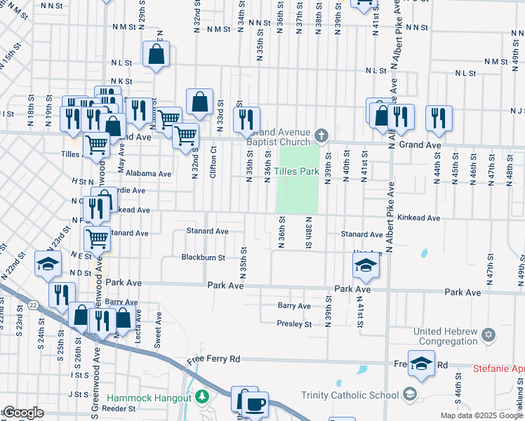 map of restaurants, bars, coffee shops, grocery stores, and more near 601 North 36th Street in Fort Smith