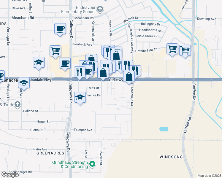 map of restaurants, bars, coffee shops, grocery stores, and more near 9131 Rosedale Highway in Bakersfield