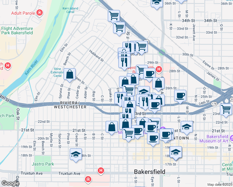 map of restaurants, bars, coffee shops, grocery stores, and more near 2441 Encina Street in Bakersfield