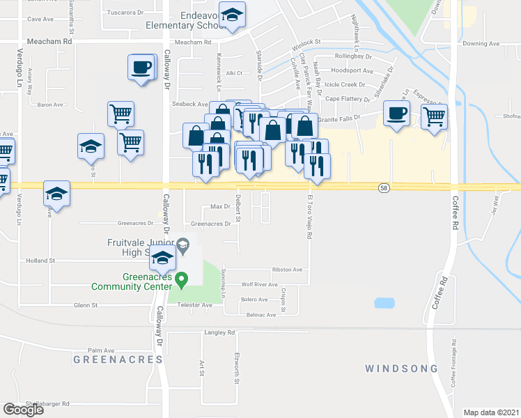 map of restaurants, bars, coffee shops, grocery stores, and more near 9131 Rosedale Highway in Bakersfield
