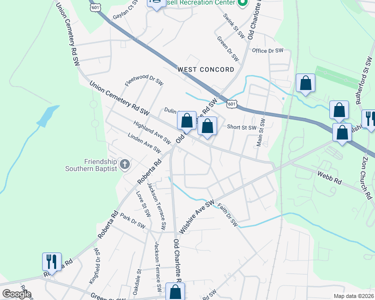 map of restaurants, bars, coffee shops, grocery stores, and more near 57 Highland Avenue Southwest in Concord