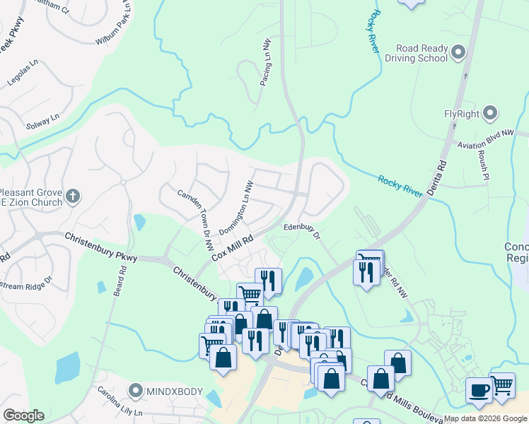map of restaurants, bars, coffee shops, grocery stores, and more near 2258 Eversham Drive Northwest in Concord