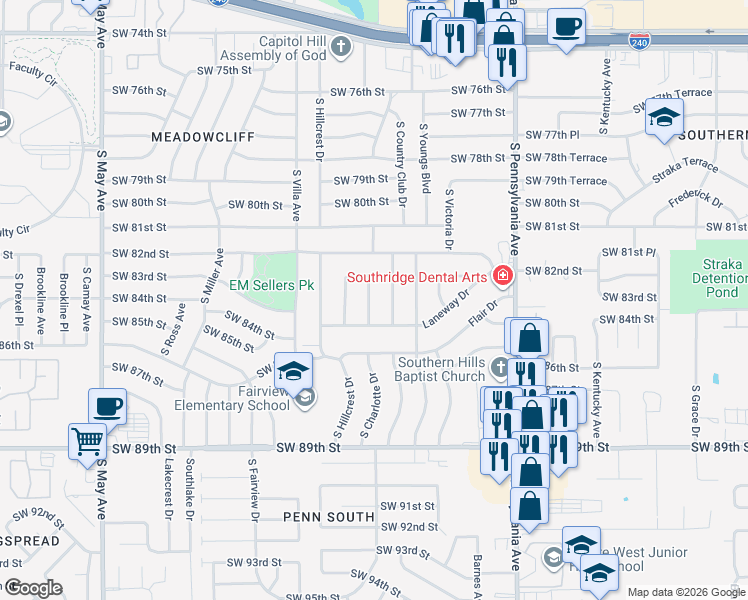 map of restaurants, bars, coffee shops, grocery stores, and more near 8500 South Charlotte Drive in Oklahoma City