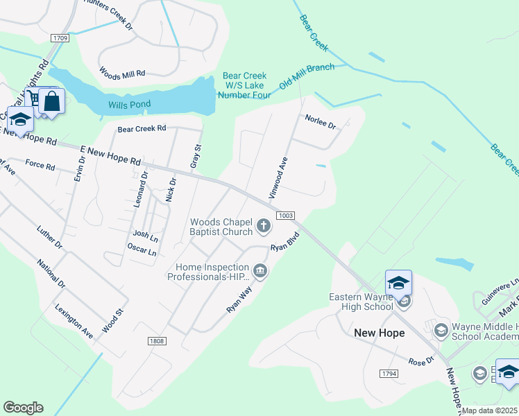 map of restaurants, bars, coffee shops, grocery stores, and more near 902 East New Hope Road in Goldsboro