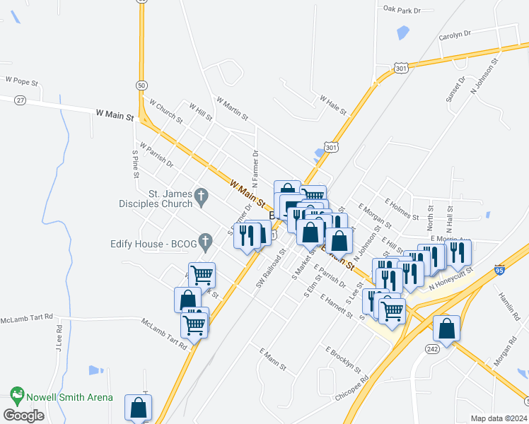 map of restaurants, bars, coffee shops, grocery stores, and more near 207 West Main Street in Benson