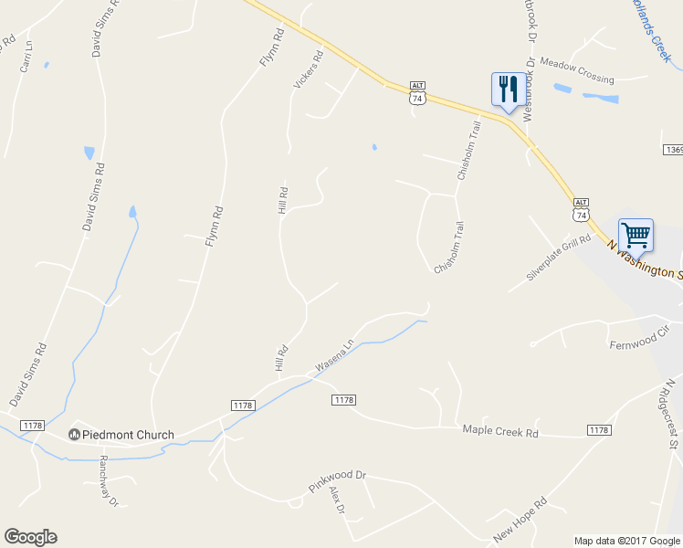 map of restaurants, bars, coffee shops, grocery stores, and more near 220 Hill Road in Rutherfordton