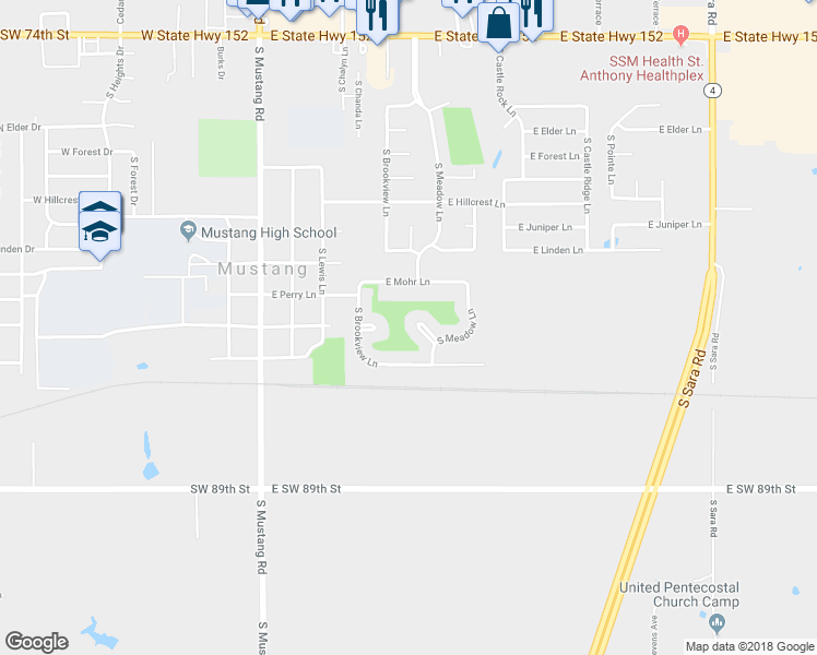map of restaurants, bars, coffee shops, grocery stores, and more near 410 East Meadow Lane Court in Mustang