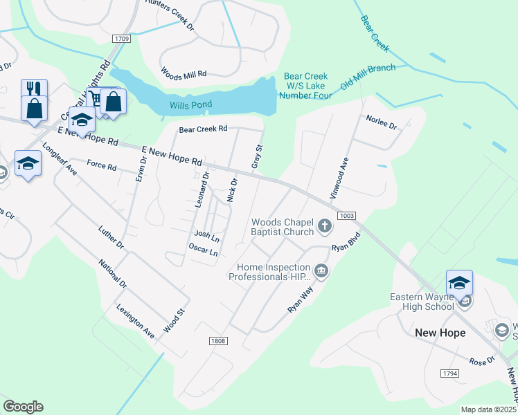 map of restaurants, bars, coffee shops, grocery stores, and more near 200 South Douglas Street in Goldsboro