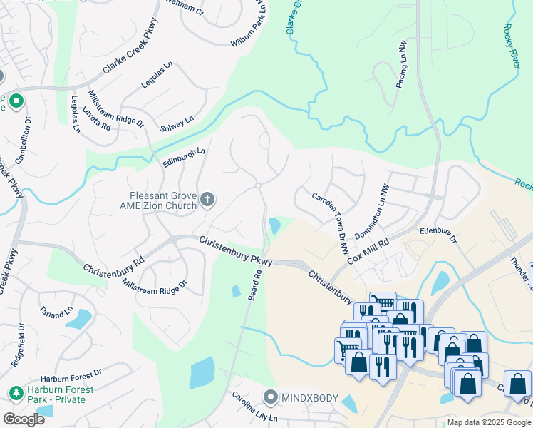 map of restaurants, bars, coffee shops, grocery stores, and more near 2446 Christenbury Hall Drive Northwest in Concord