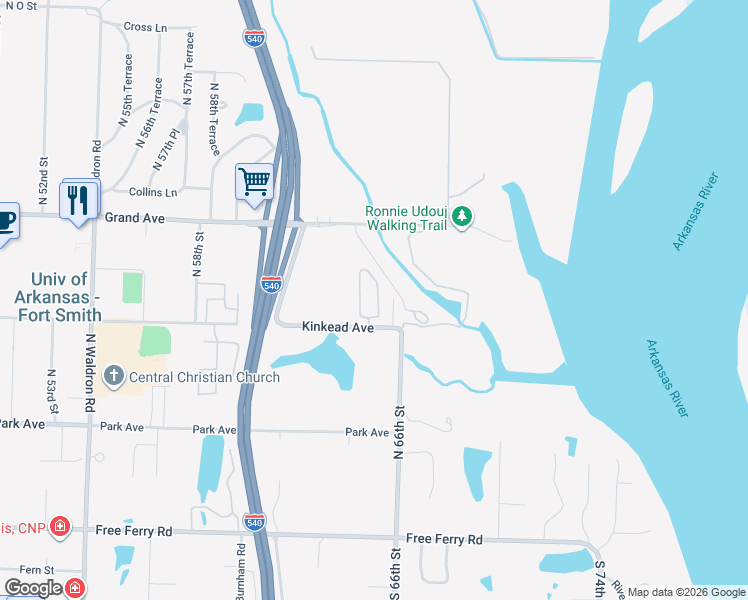 map of restaurants, bars, coffee shops, grocery stores, and more near 65 Jeffrey Way in Fort Smith