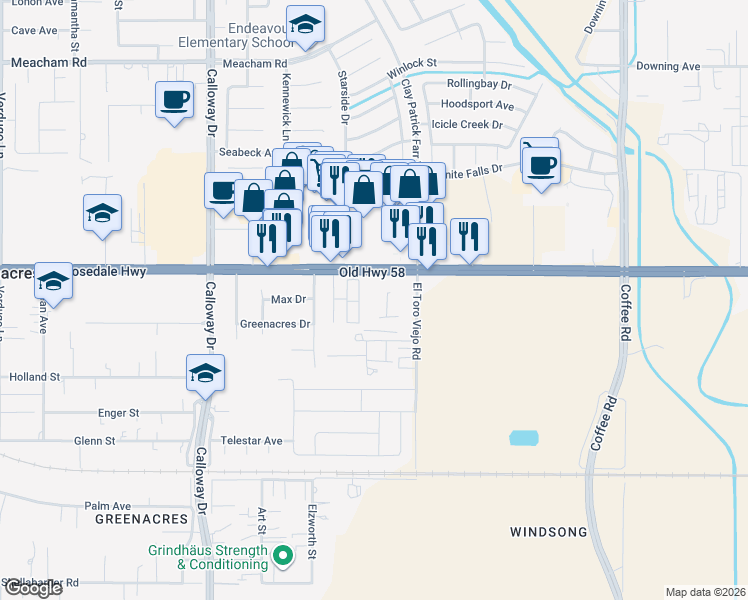 map of restaurants, bars, coffee shops, grocery stores, and more near 9131 Rosedale Highway in Bakersfield