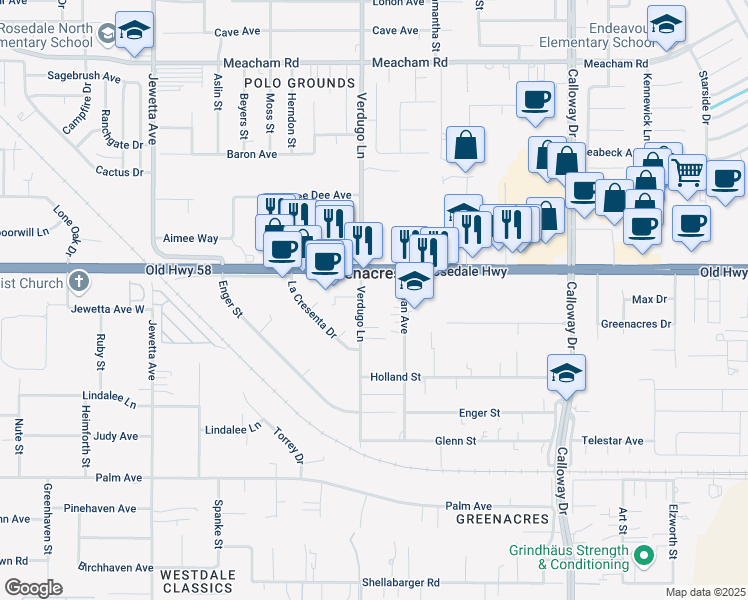 map of restaurants, bars, coffee shops, grocery stores, and more near 2505 Dean Avenue in Bakersfield
