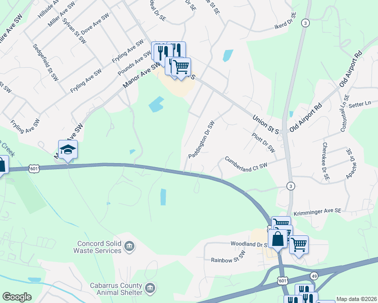 map of restaurants, bars, coffee shops, grocery stores, and more near 141 Paddington Drive Southwest in Concord
