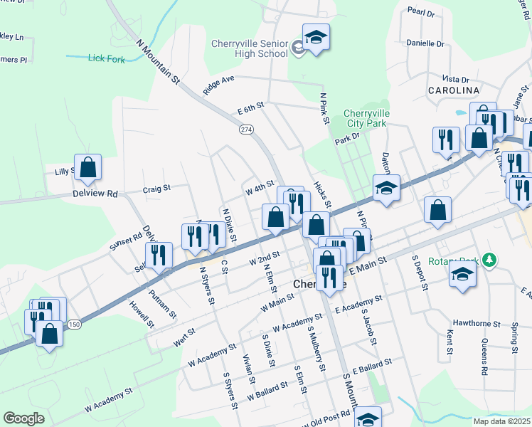 map of restaurants, bars, coffee shops, grocery stores, and more near 403 North Mulberry Street in Cherryville