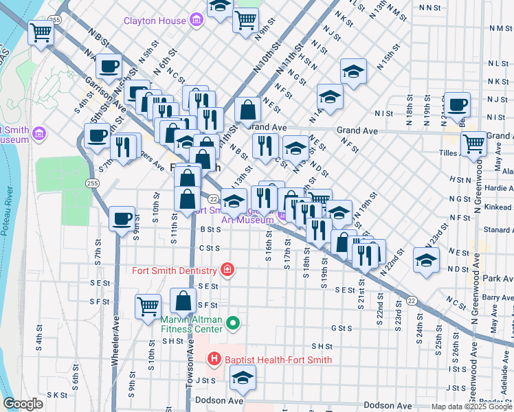 map of restaurants, bars, coffee shops, grocery stores, and more near 1411 Rogers Avenue in Fort Smith