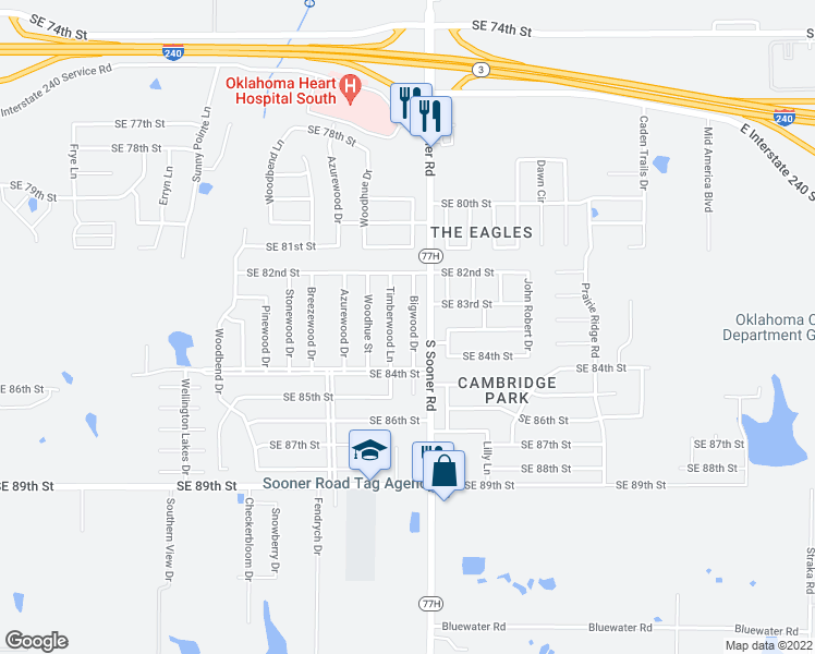 map of restaurants, bars, coffee shops, grocery stores, and more near 8416 Timberwood Lane in Oklahoma City
