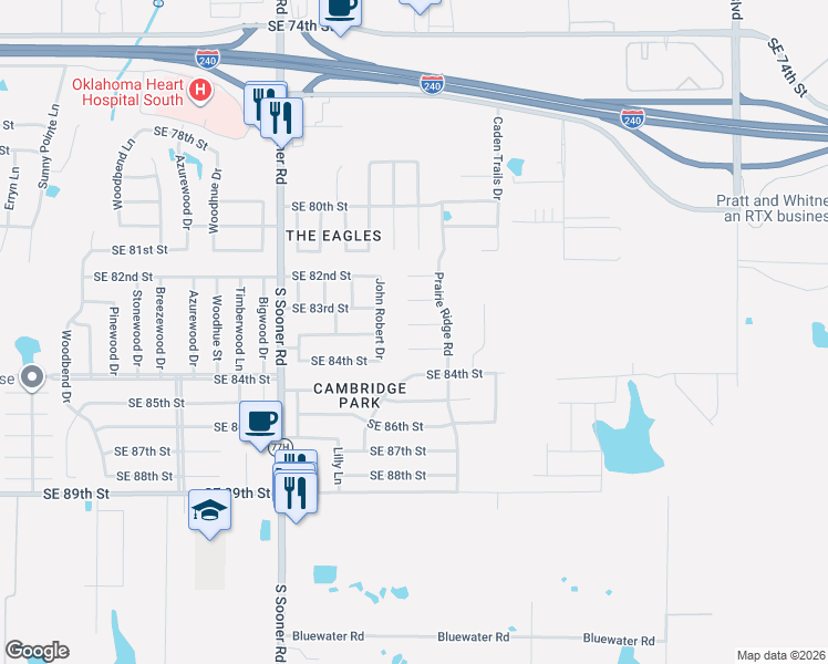 map of restaurants, bars, coffee shops, grocery stores, and more near 6001 Southeast 84th Place in Oklahoma City
