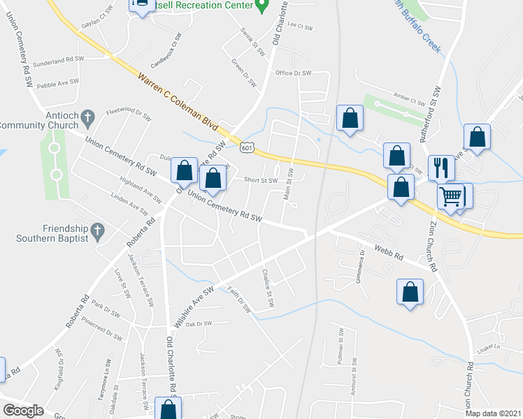 map of restaurants, bars, coffee shops, grocery stores, and more near 752 Chalice Street Southwest in Concord