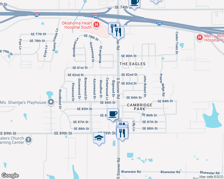 map of restaurants, bars, coffee shops, grocery stores, and more near 8405 Bigwood Drive in Oklahoma City