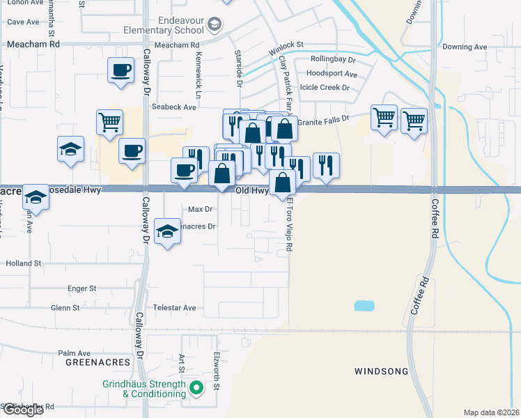 map of restaurants, bars, coffee shops, grocery stores, and more near 9131 Rosedale Highway in Bakersfield