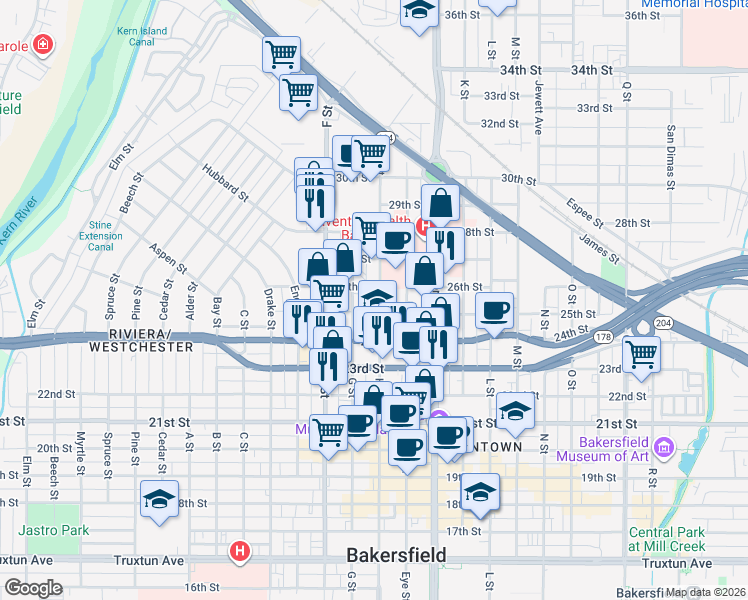 map of restaurants, bars, coffee shops, grocery stores, and more near 2430 G Street in Bakersfield