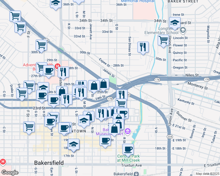 map of restaurants, bars, coffee shops, grocery stores, and more near 830 25th Street in Bakersfield