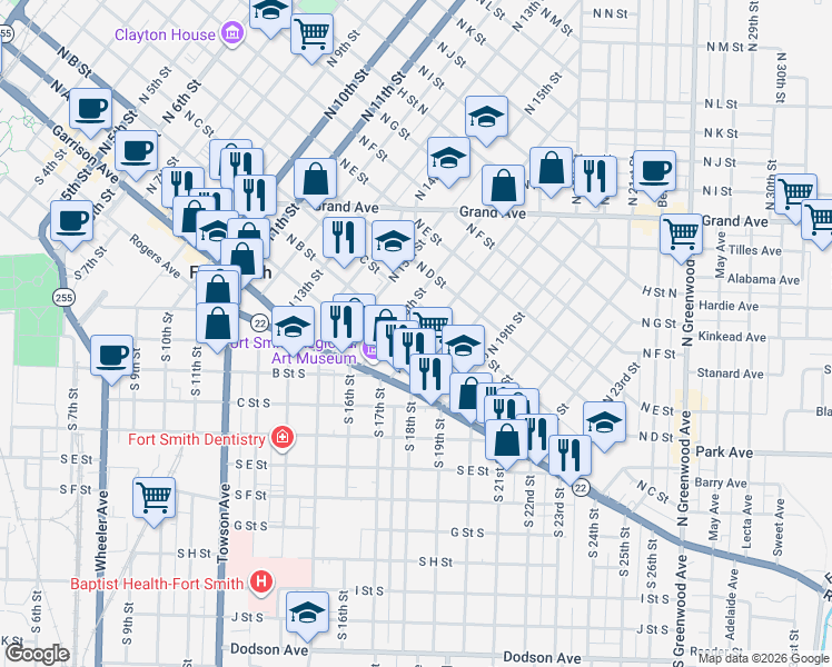 map of restaurants, bars, coffee shops, grocery stores, and more near 109 North 17th Street in Fort Smith