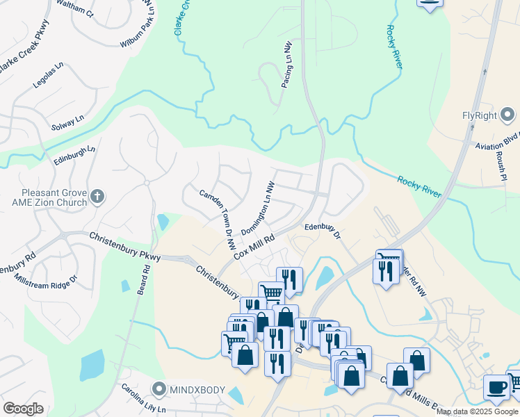 map of restaurants, bars, coffee shops, grocery stores, and more near 2258 Donnington Lane Northwest in Concord
