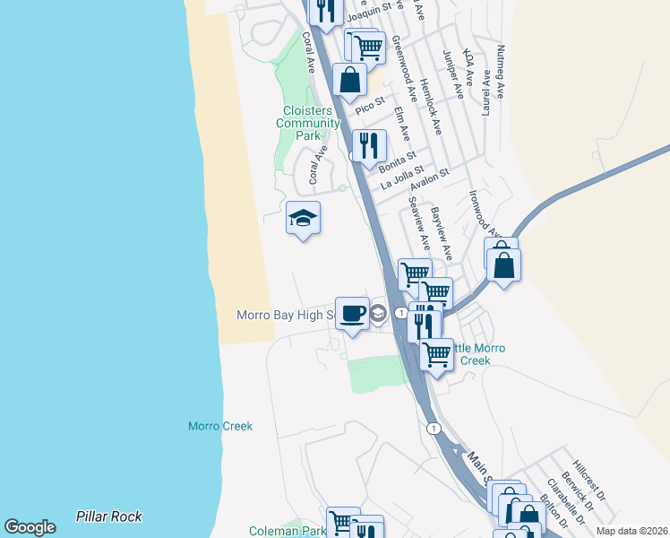 map of restaurants, bars, coffee shops, grocery stores, and more near 235 Atascadero Road in Morro Bay