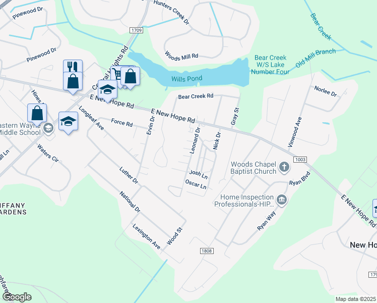 map of restaurants, bars, coffee shops, grocery stores, and more near 103 Gary Lane in Goldsboro