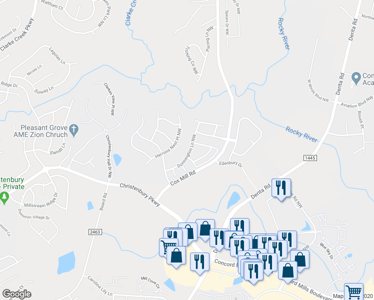 map of restaurants, bars, coffee shops, grocery stores, and more near 2258 Donnington Lane Northwest in Concord