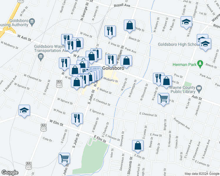 map of restaurants, bars, coffee shops, grocery stores, and more near 104 South William Street in Goldsboro