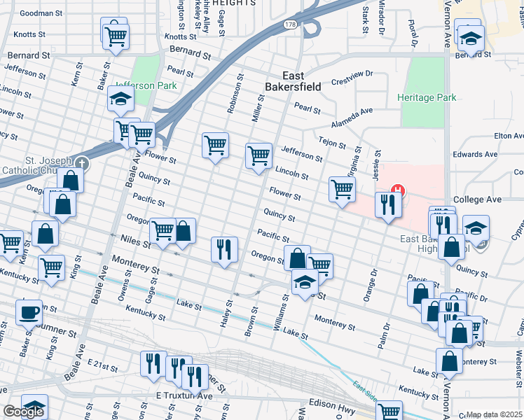 map of restaurants, bars, coffee shops, grocery stores, and more near 1417 Quincy Street in Bakersfield
