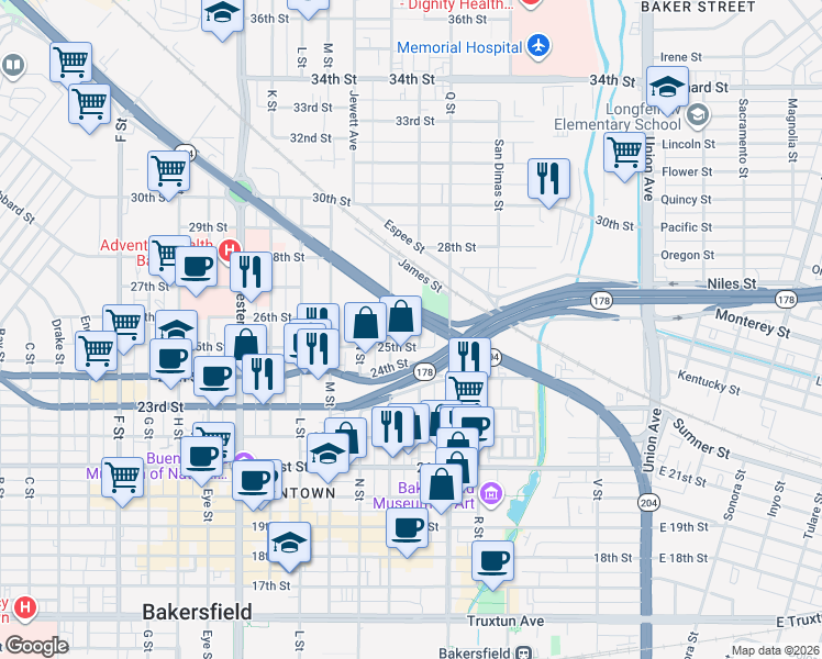 map of restaurants, bars, coffee shops, grocery stores, and more near 830 25th Street in Bakersfield