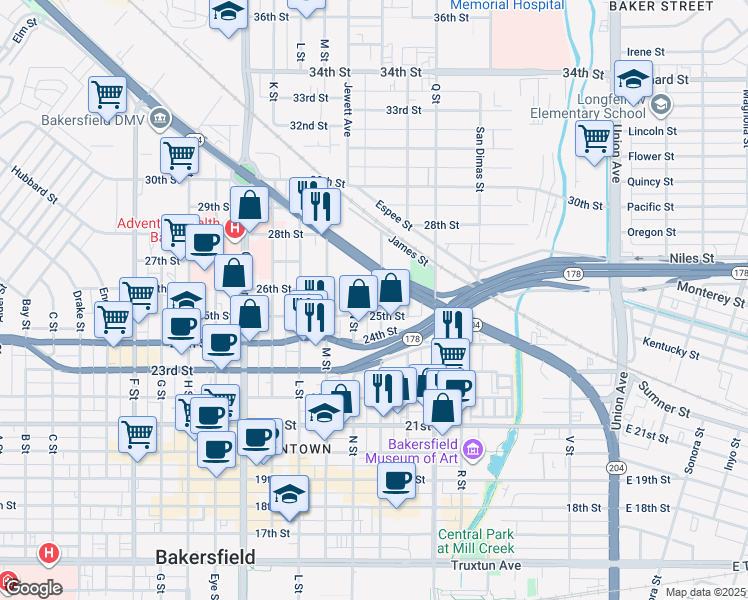 map of restaurants, bars, coffee shops, grocery stores, and more near 2503 O Street in Bakersfield