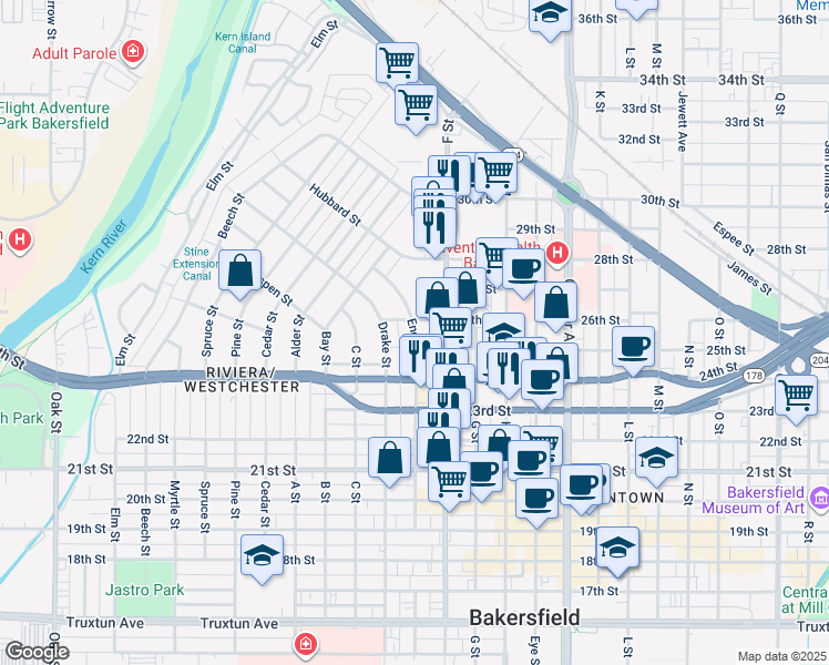 map of restaurants, bars, coffee shops, grocery stores, and more near 2441 Encina Street in Bakersfield